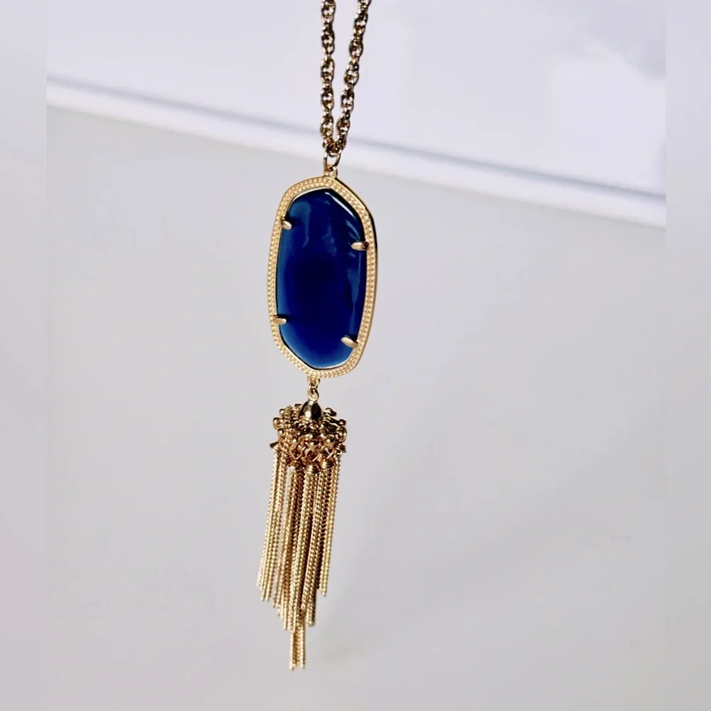 KENDRA SCOTT Rayne Long Gold Necklace w Deep Navy Blue Tassel Pendant